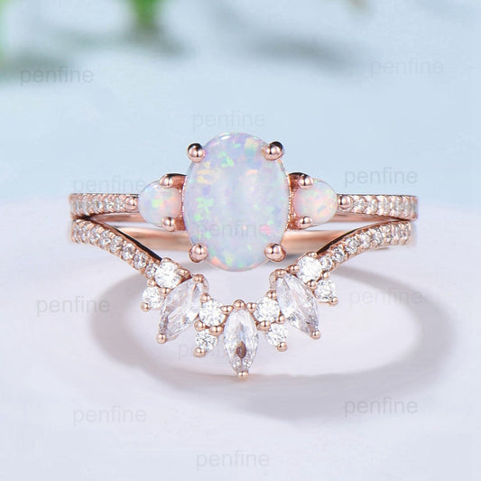 Fire opal engagement ring Set oval cut white opal wedding set three stone crown moissanite stacking band art deco engagement ring rose gold - PENFINE