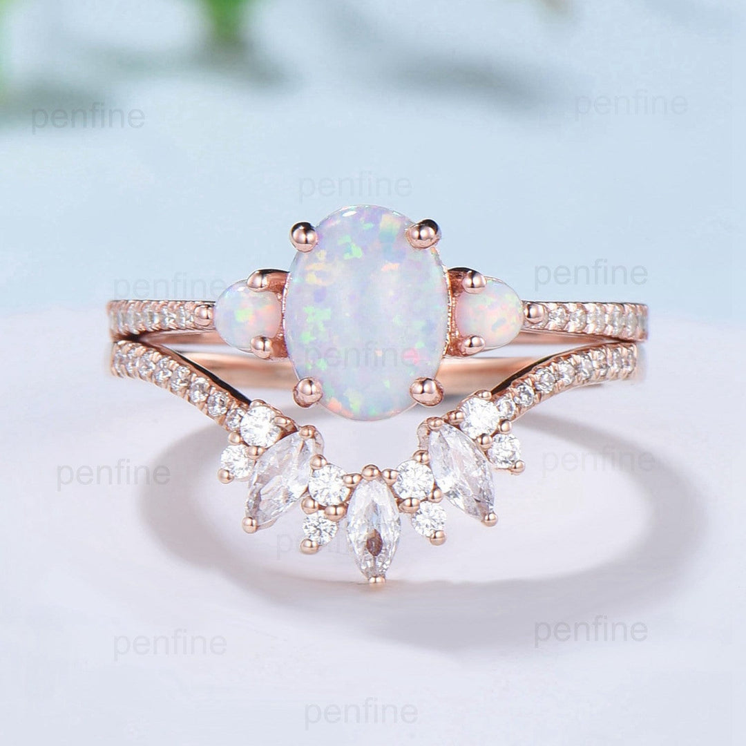 Fire opal engagement ring Set oval cut white opal wedding set three stone crown moissanite stacking band art deco engagement ring rose gold - PENFINE