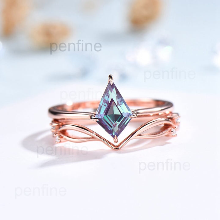 Unique Alexandrite Engagemnt Ring Set Solitaire Kite Cut Alexandrite Bridal Set - PENFINE