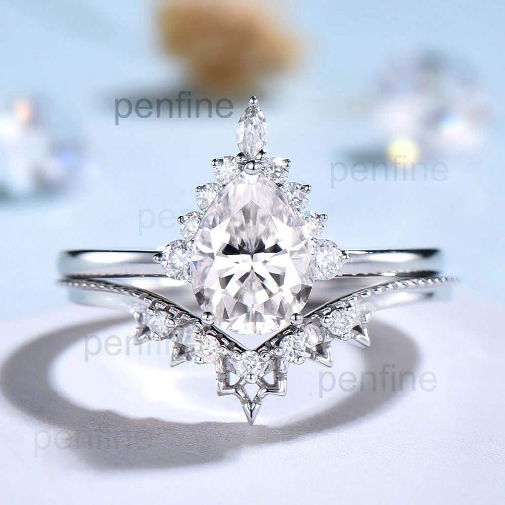 Pear shaped moissanite ring set vintage engagement ring set art deco marquise moissanite ring set halo ring white gold ring set for women - PENFINE