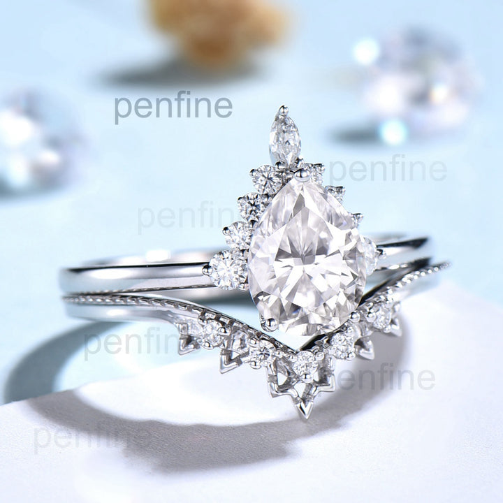 Pear shaped moissanite ring set vintage engagement ring set art deco marquise moissanite ring set halo ring white gold ring set for women - PENFINE