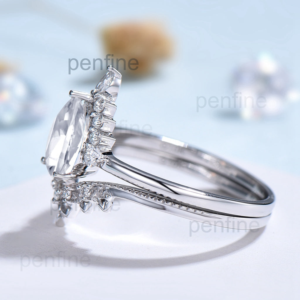 Pear shaped moissanite ring set vintage engagement ring set art deco marquise moissanite ring set halo ring white gold ring set for women - PENFINE