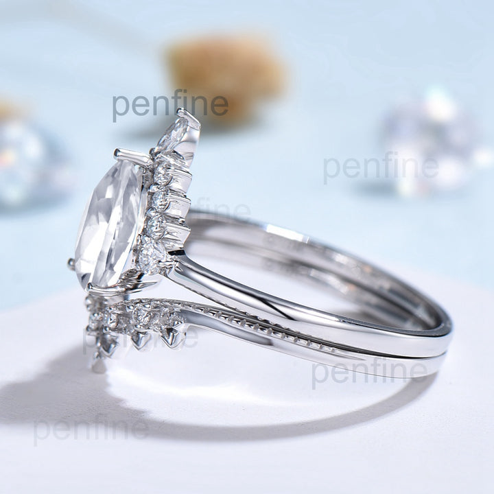 Pear shaped moissanite ring set vintage engagement ring set art deco marquise moissanite ring set halo ring white gold ring set for women - PENFINE