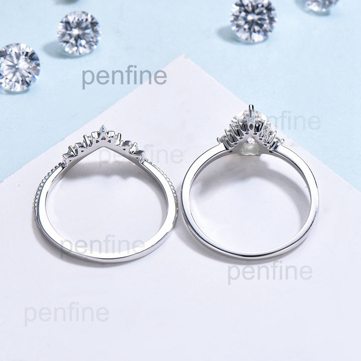 Pear shaped moissanite ring set vintage engagement ring set art deco marquise moissanite ring set halo ring white gold ring set for women - PENFINE
