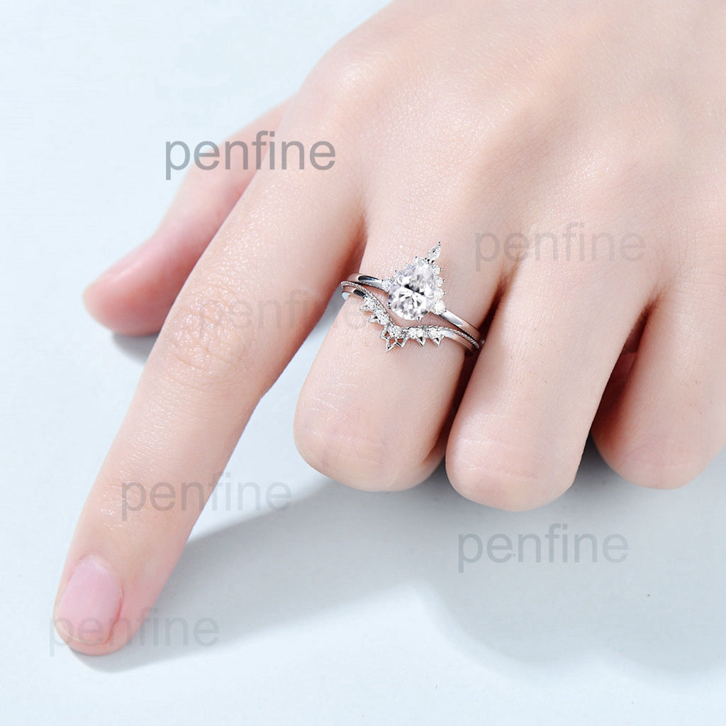 Pear shaped moissanite ring set vintage engagement ring set art deco marquise moissanite ring set halo ring white gold ring set for women - PENFINE