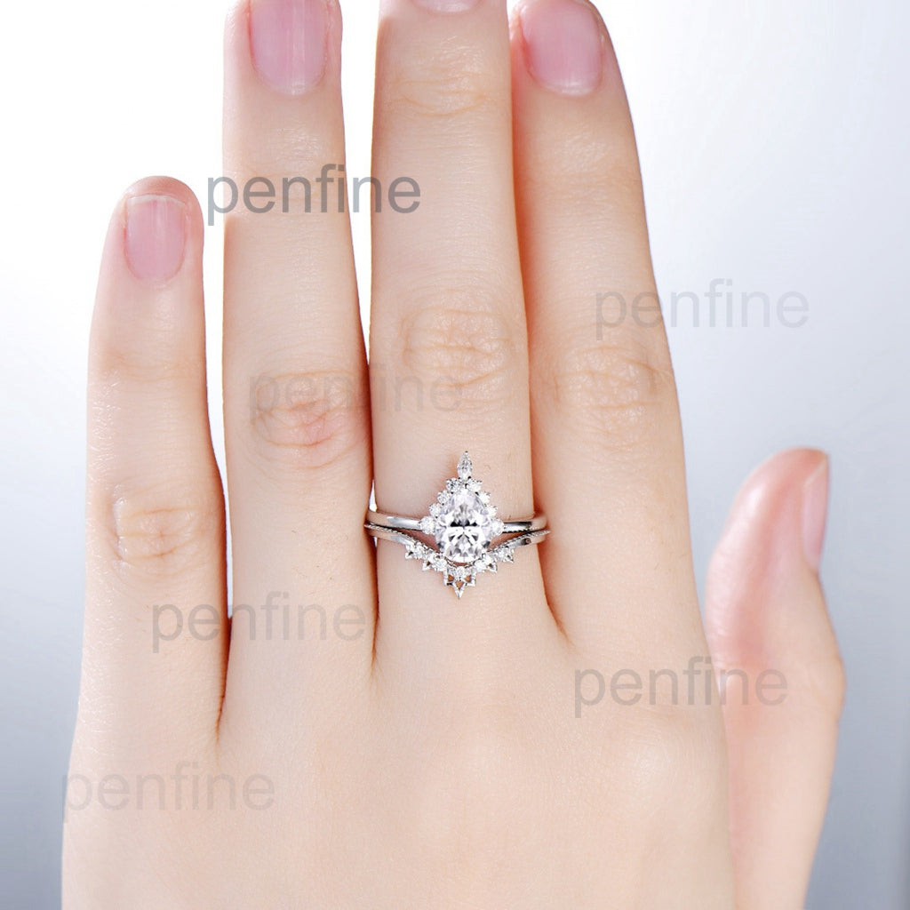 Pear shaped moissanite ring set vintage engagement ring set art deco marquise moissanite ring set halo ring white gold ring set for women - PENFINE