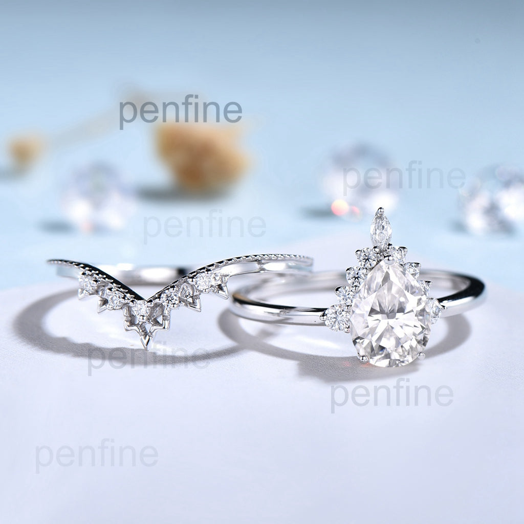 Pear shaped moissanite ring set vintage engagement ring set art deco marquise moissanite ring set halo ring white gold ring set for women - PENFINE