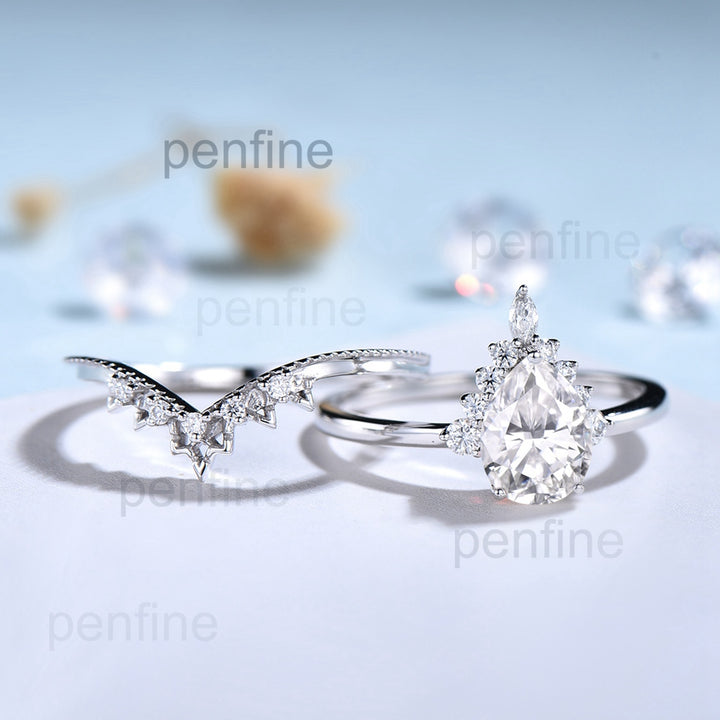 Pear shaped moissanite ring set vintage engagement ring set art deco marquise moissanite ring set halo ring white gold ring set for women - PENFINE
