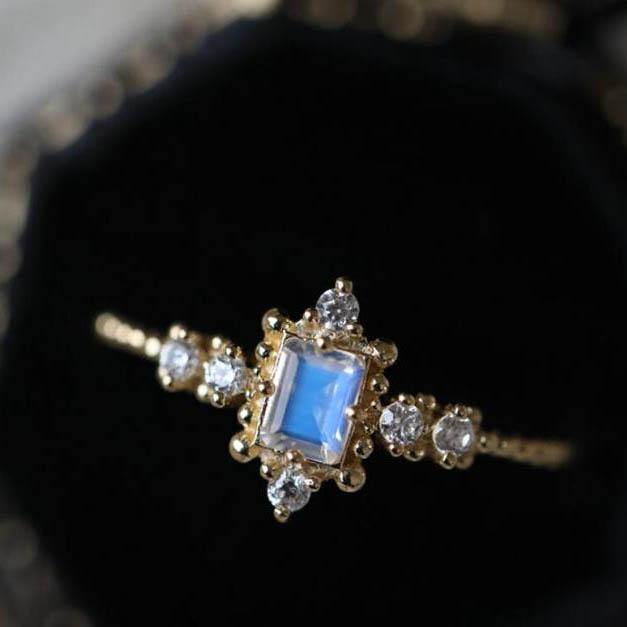 Vintage Rainbow Emerald Cut Moonstone Engagement Ring For Sale - PENFINE