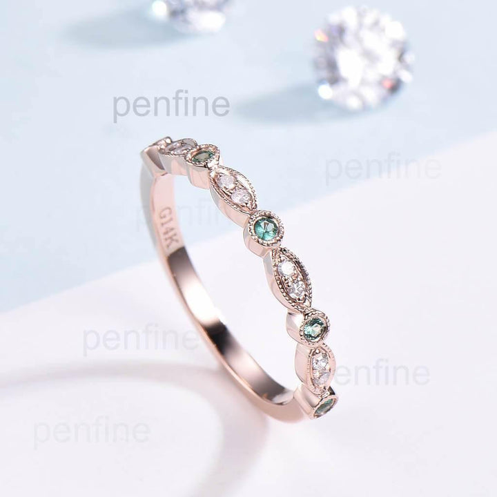 Luxe Tiara Half Eternity Emerald And Diamond Wedding Band - PENFINE