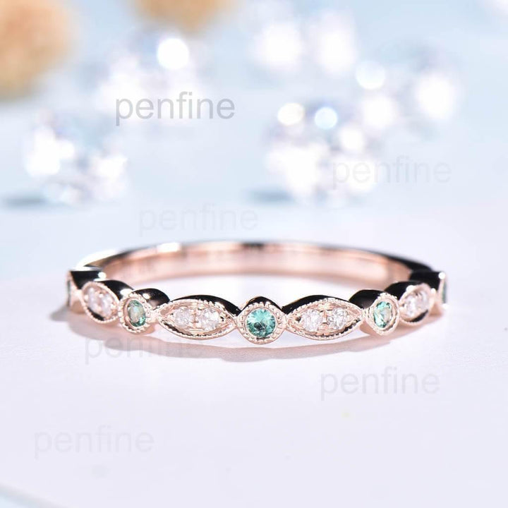 Luxe Tiara Half Eternity Emerald And Diamond Wedding Band - PENFINE