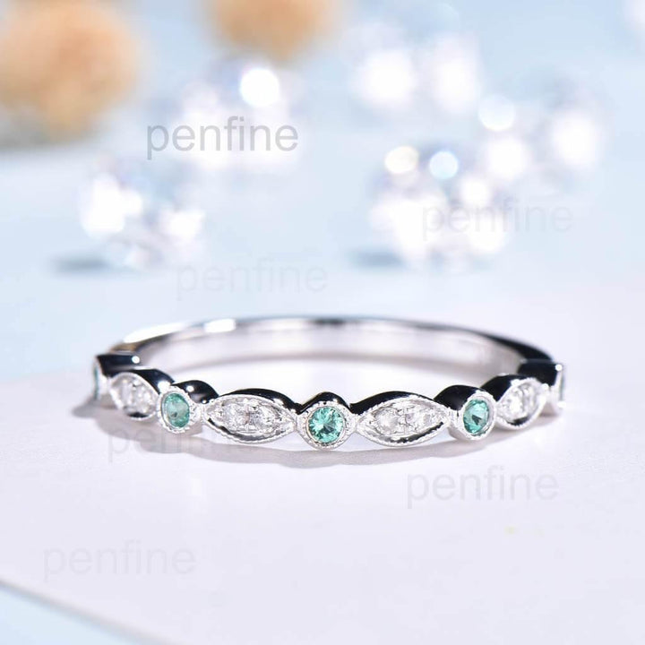 Luxe Tiara Half Eternity Emerald And Diamond Wedding Band - PENFINE