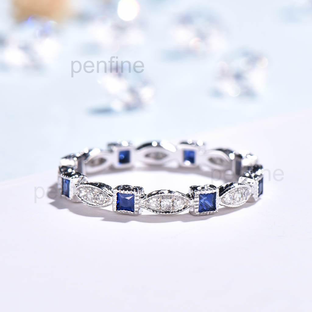 Vintage Princess Sapphire And Diamond Wedding Band - PENFINE