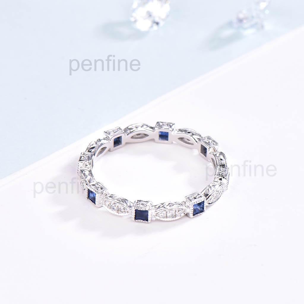 Vintage Princess Sapphire And Diamond Wedding Band - PENFINE