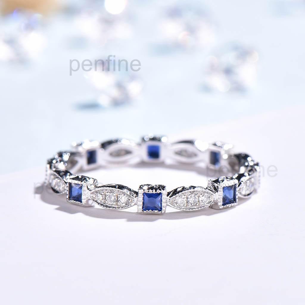 Vintage Princess Sapphire And Diamond Wedding Band - PENFINE