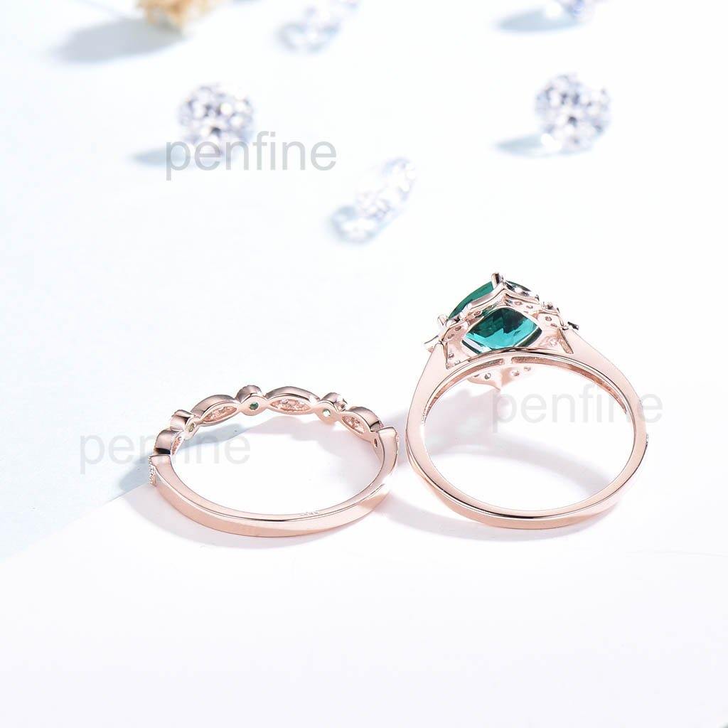 Floral Cushion Emerald Diamond Halo Engagement Ring Set 2pcs - PENFINE